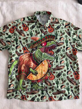Hardaddy Mens XXL T Rex Taco Sombrero Hawaiian Shirt Cinco de Mayo Dinosaur